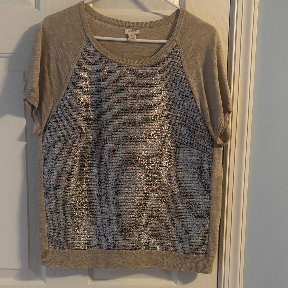 J. Crew Beige Iridescent Short Sleeve Sweater Tee, M EUC